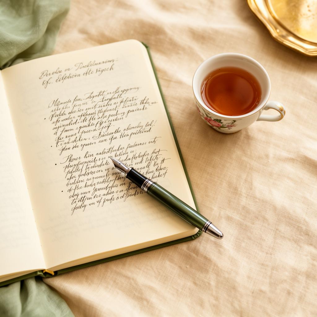 An open notebook with handwritten planning notes and a cup of tea
