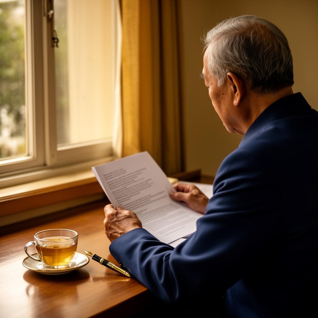 An older father reading planning documents by a window, with a cup of tea on a wooden desk